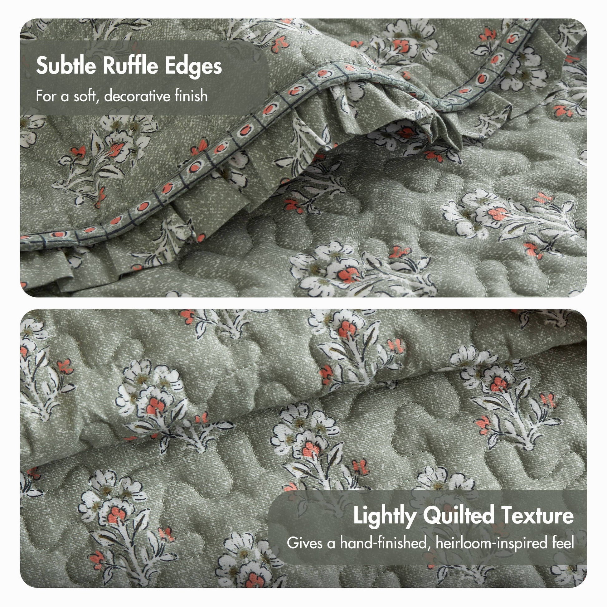 Linwood - Queen 3 Piece Ruffle Printed Quilt Set - Sage Green