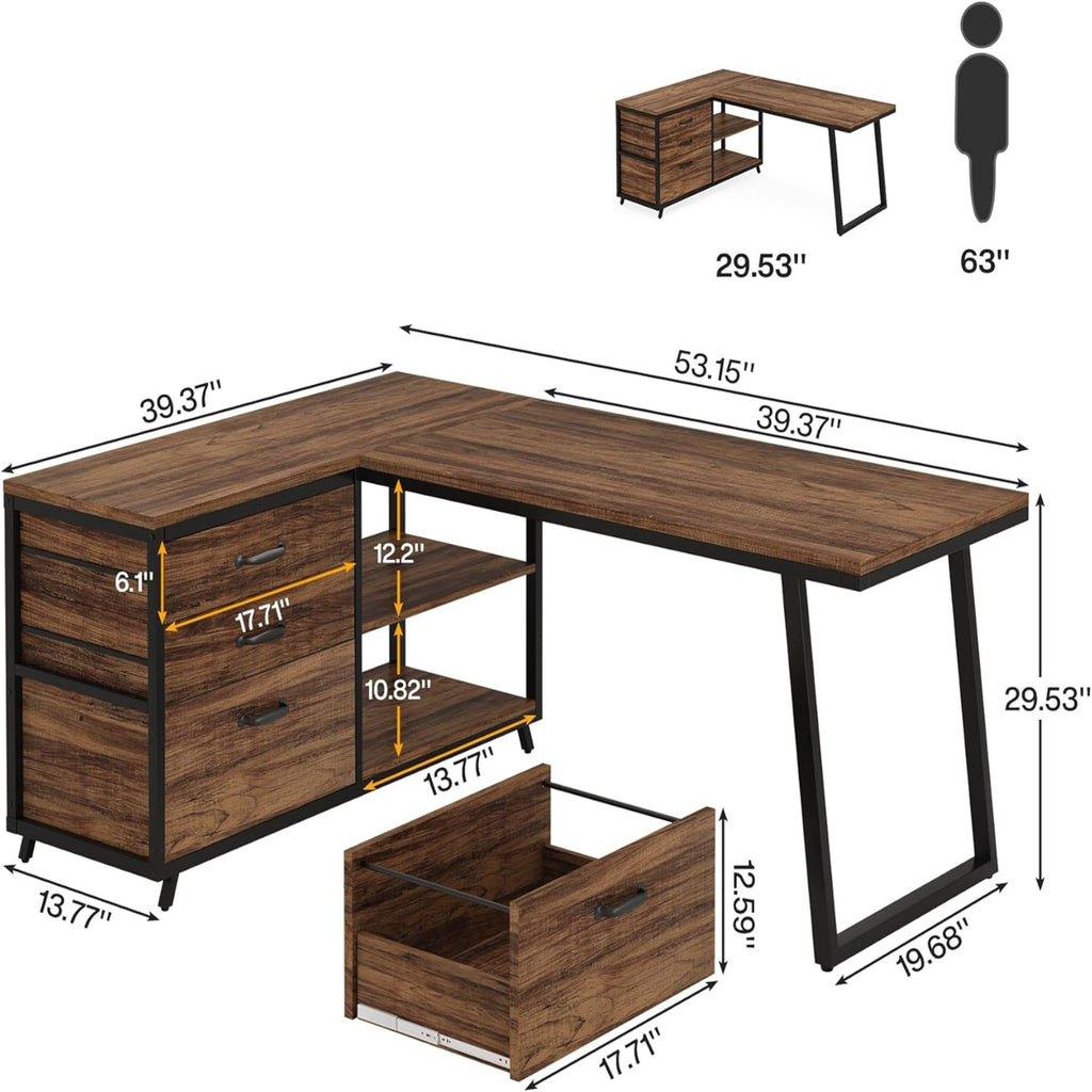 L-Shaped Computer Desk With 3 Drawers And Storage Shelves, Reversible Corner Workstation For Small Rooms - Brown / Black
