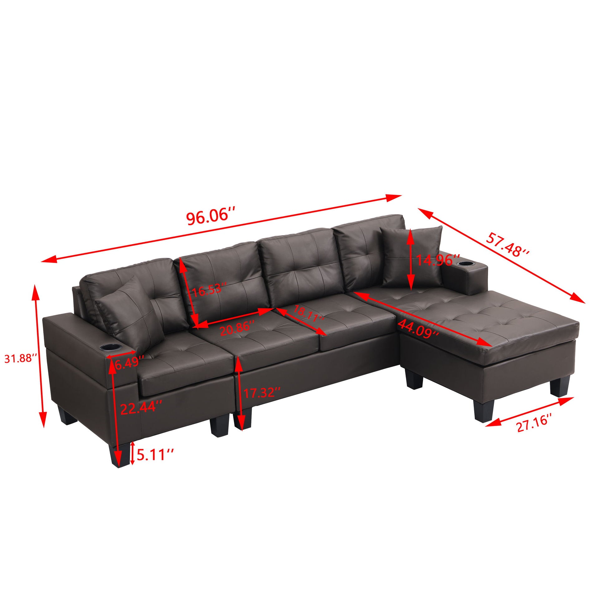 Modern Sectional Sofa Set With Chaise Lounge And Cup Holder
