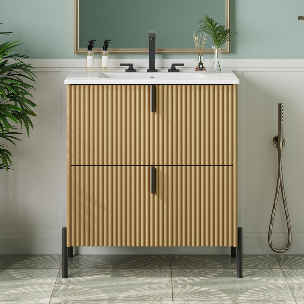 Fluted Bathroom Vanity With Ceramic Sink, Freestanding Design