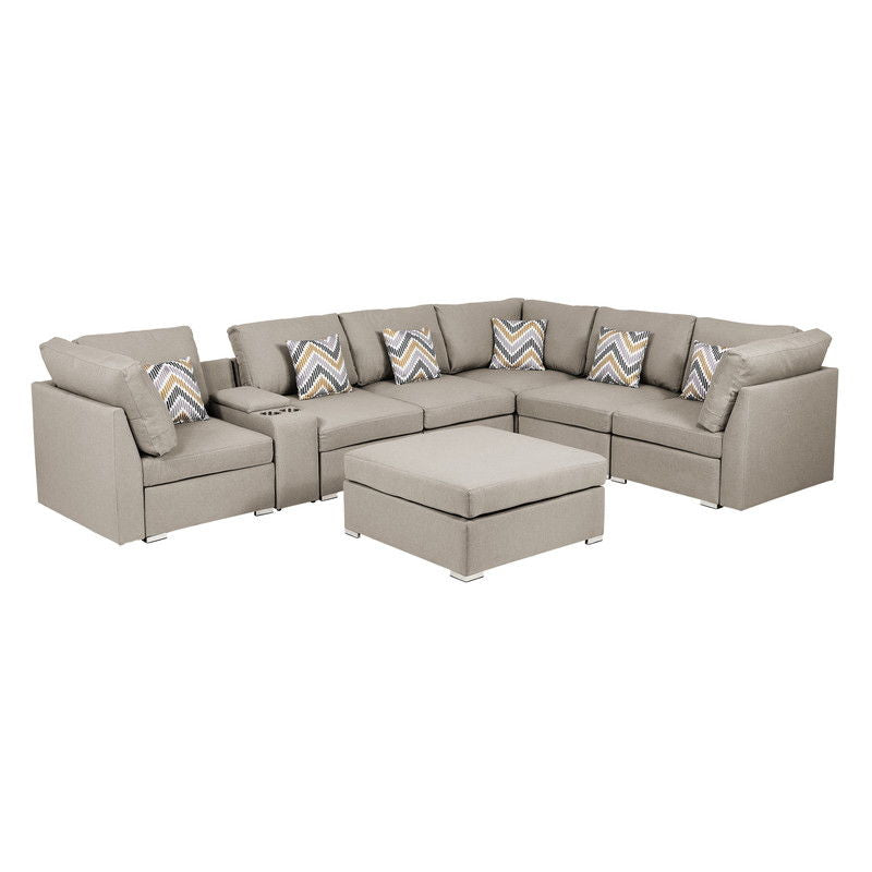 Lucy - Fabric Reversible Modular Sectional Sofa With Console And Ottoman - Beige