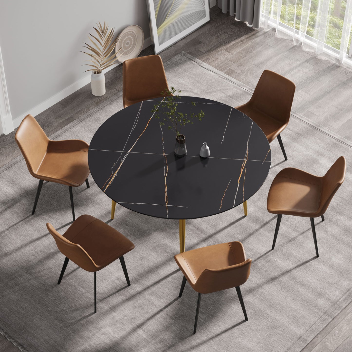 Modern Man-Made Stone Round Metal Dining Table-Position For 6 People - Black