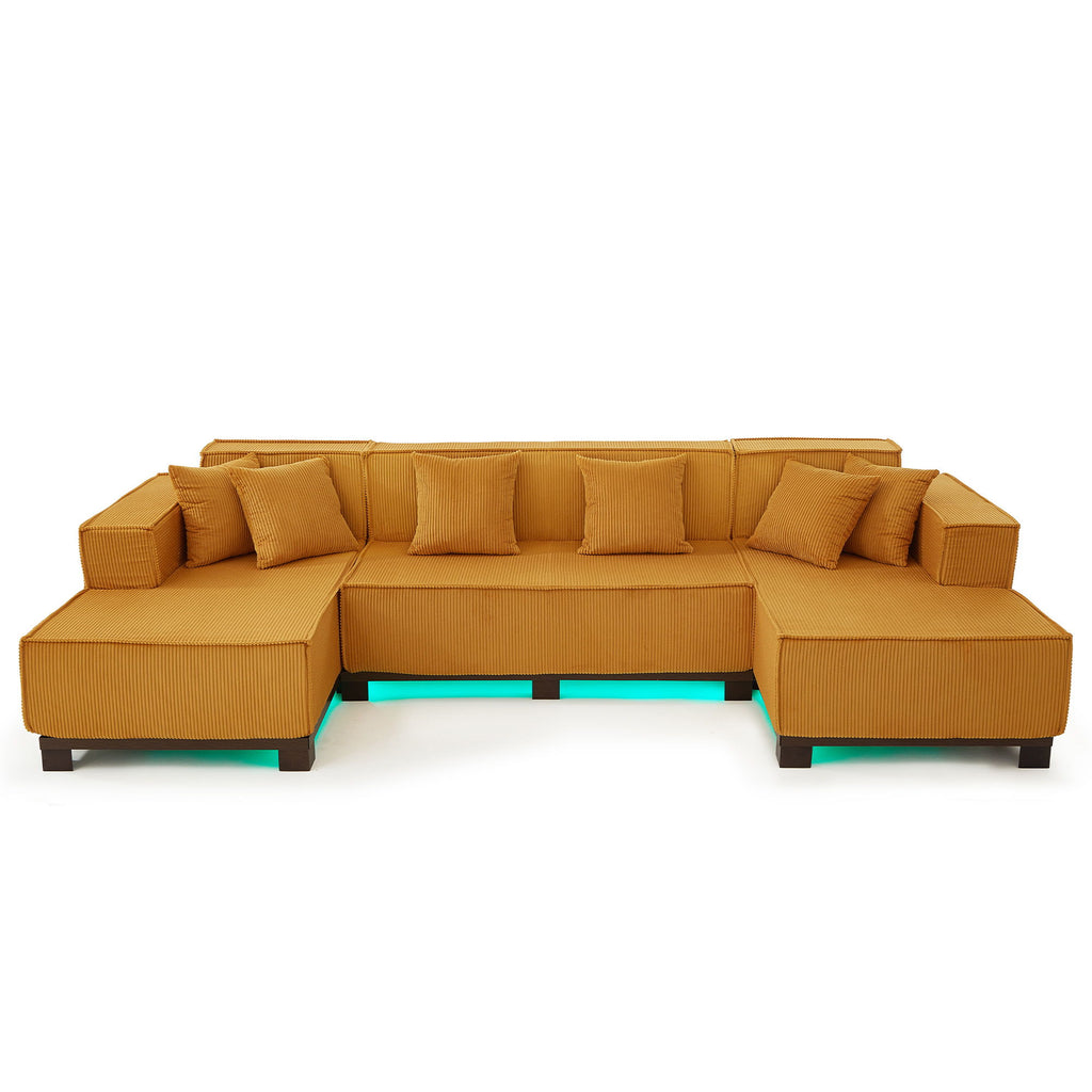 U-Shaped Sectional Sofa With RGB LED Light Strip And 6 Pillows