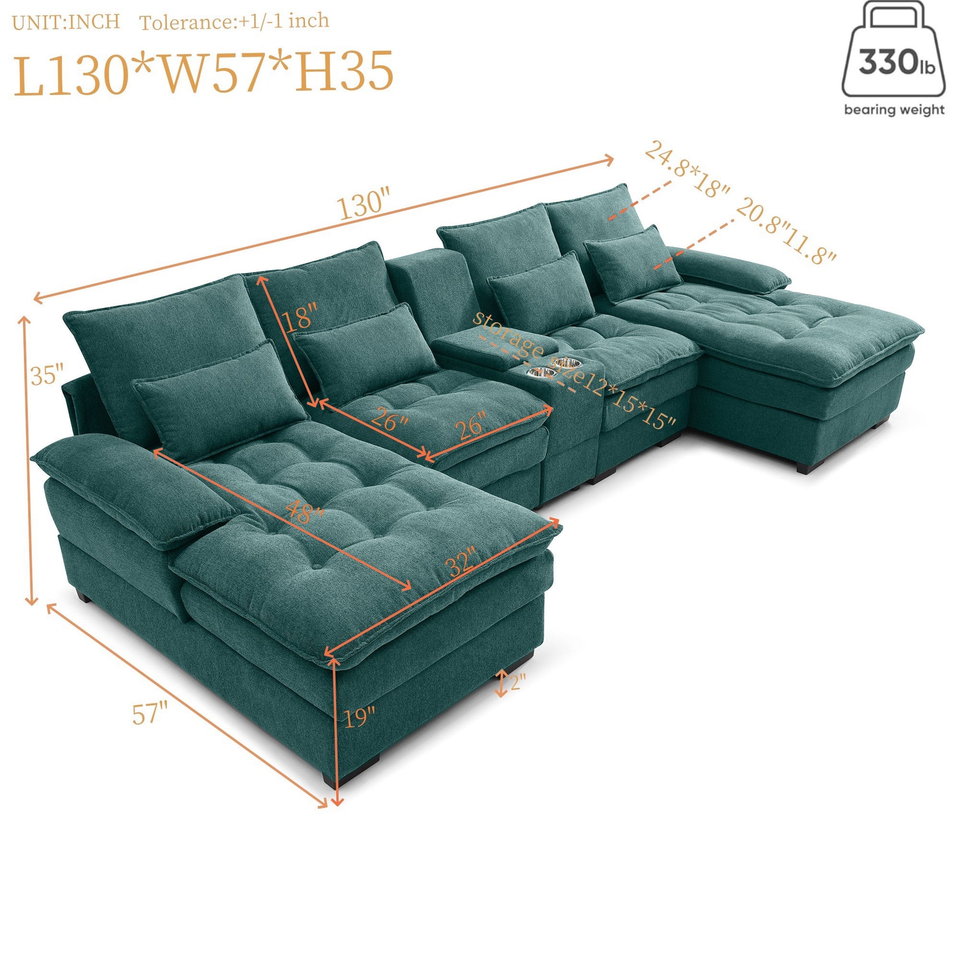 U Shaped Sofa With Console And Cupholders, 6 Seat