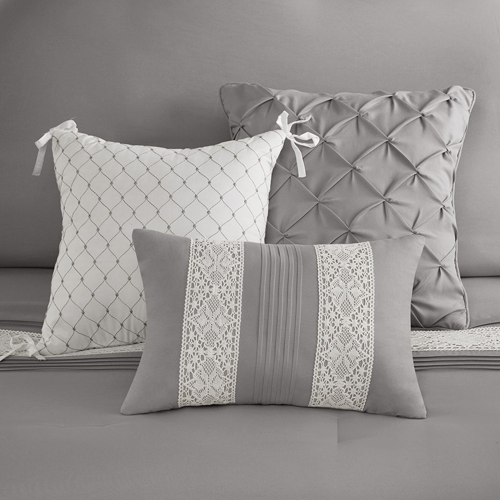 Lacey - 7 Piece King Lace Trim Comforter Set With Throw Pillows - Gray