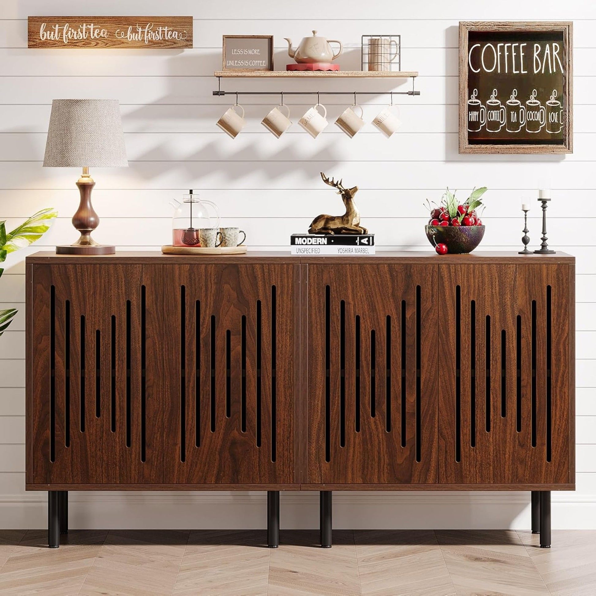 Buffet Sideboard Cabinets With Adjustable Shelves For Dining Room (Set of 2) - Dark Brown