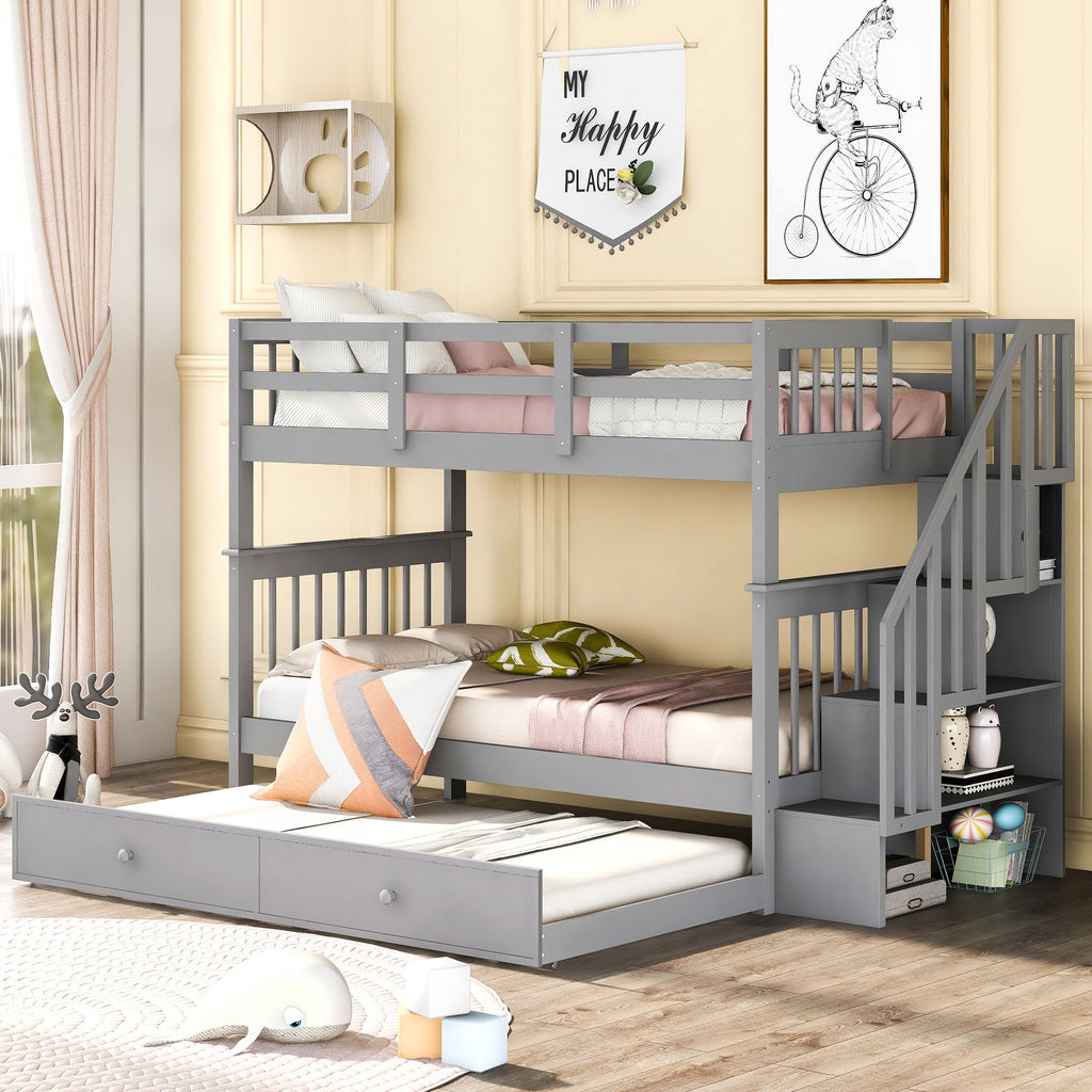 Stairway Bunk Bed With Storage And Guard Rail For Bedroom