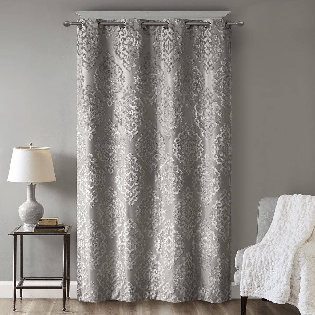 Mirage - 84" Knitted Damask Total Blackout Grommet Top Curtain Panel - Charcoal