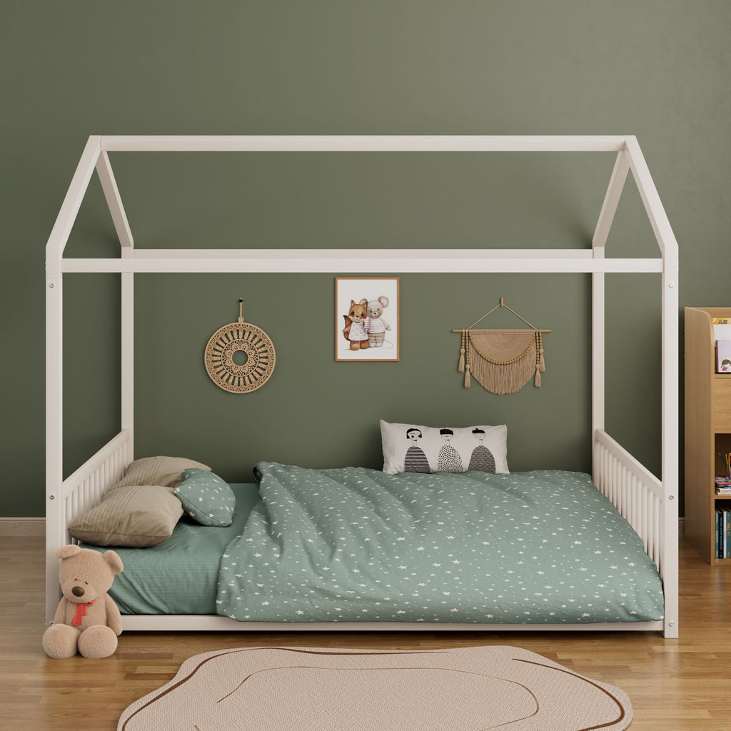 Montessori Style Floor House Shaped Bed With Safety Guardrails