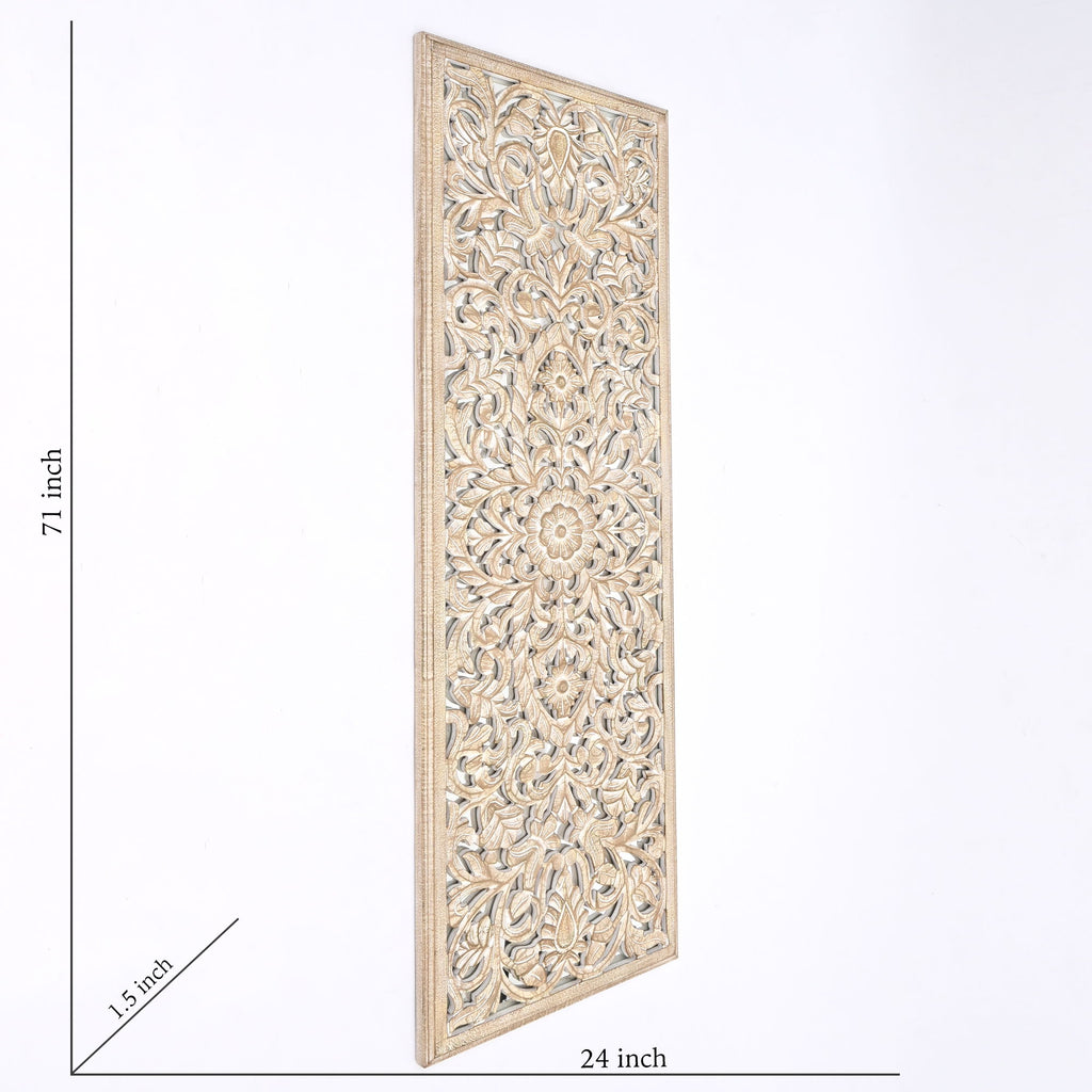 Floral Hand Carved Mandala Rectangle Wall Decor With Mirror - Antique Brown / White