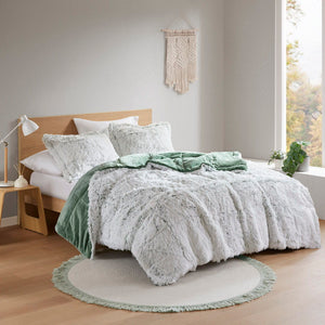 Malea - 3 Piece King/California King Shaggy Comforter Mini Set - Green/White