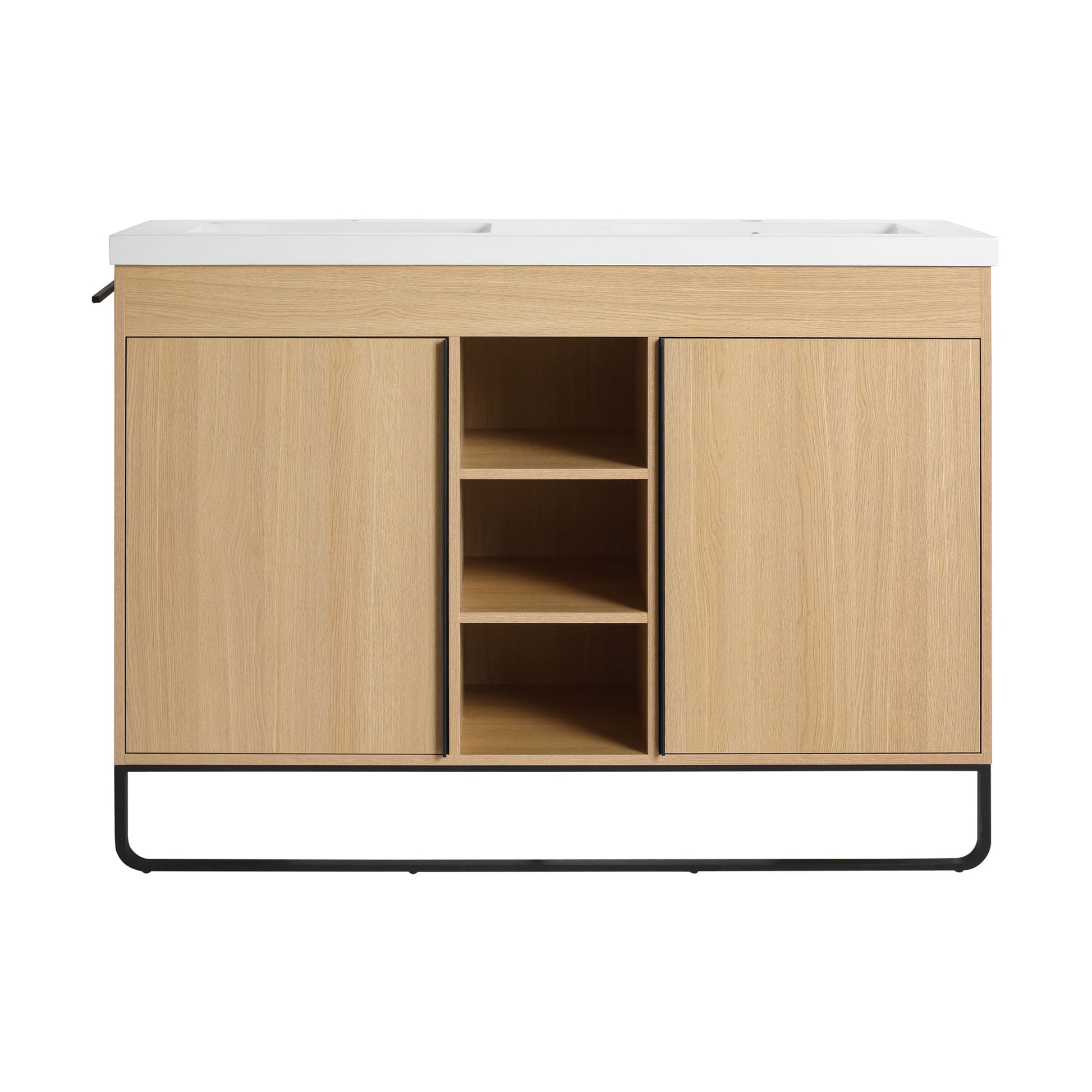 48" Freestanding Bathroom Vanity With Double Sink, 2 Soft Close Doors & 3 Open Shelves - Oak