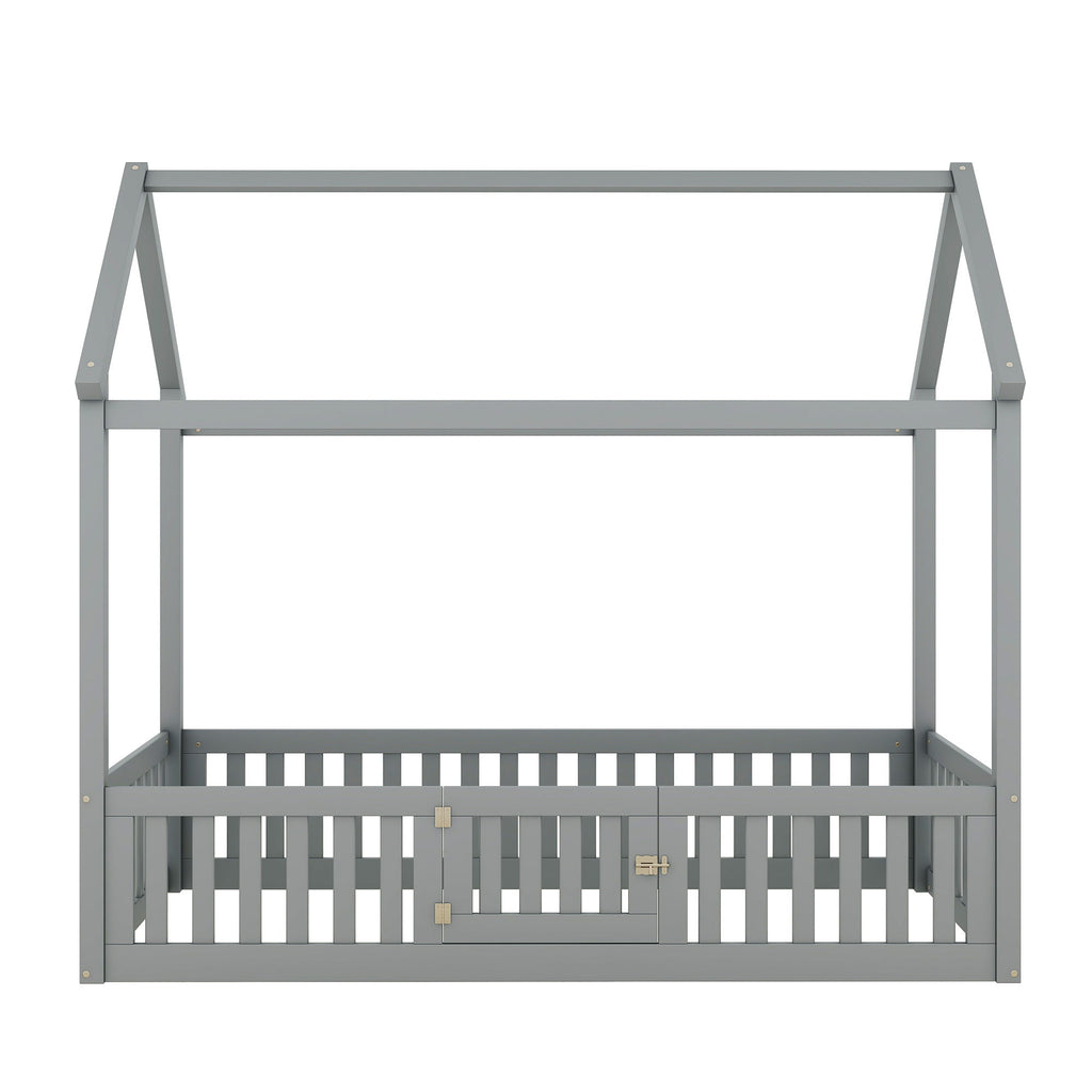 Wood House Bed With Fence And Door