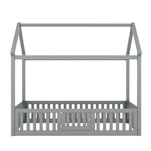 Wood House Bed With Fence And Door
