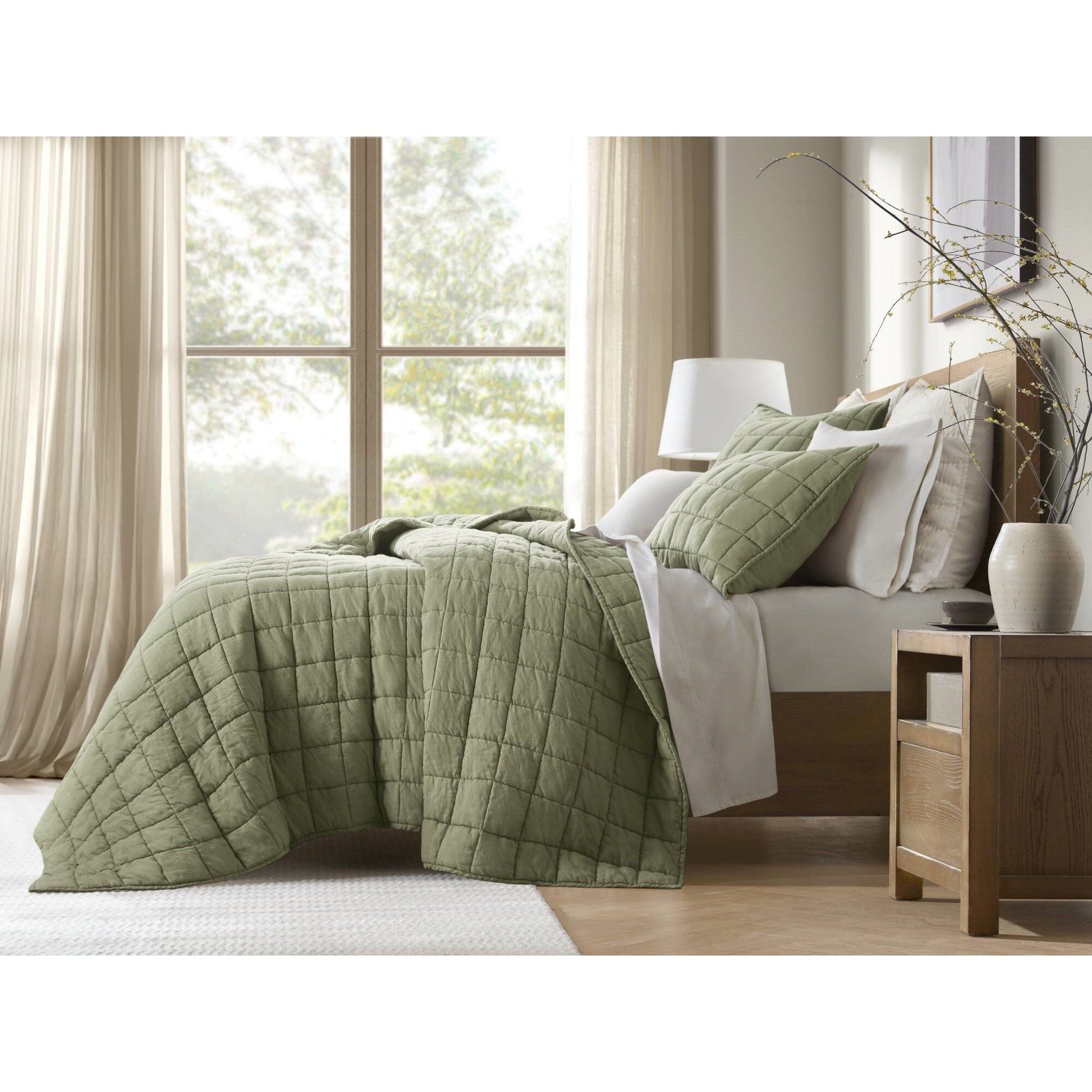100% Linen - King/California King Linen Garment Washed Quilt Set - Olive Green