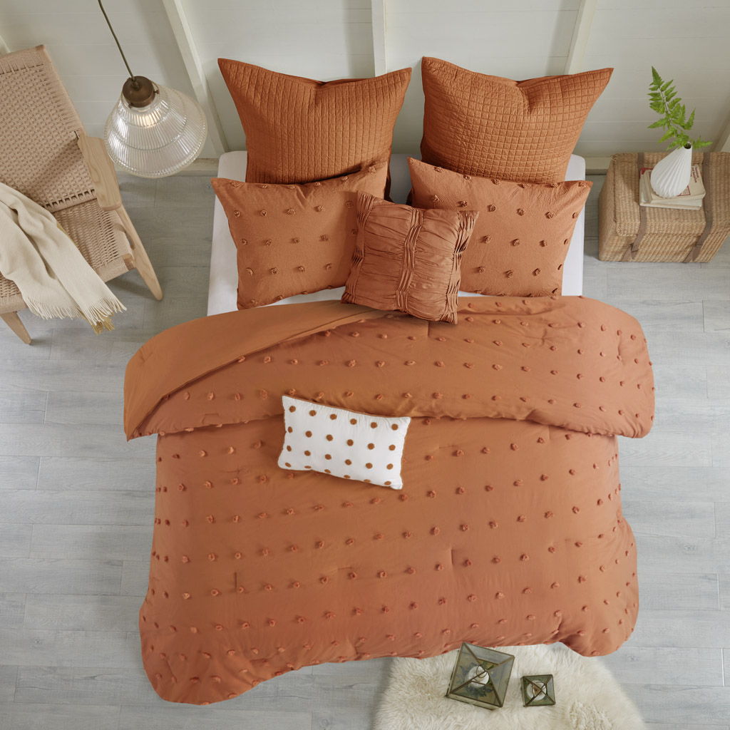 Brooklyn - Cotton Jacquard Comforter Set With Euro Shams and Throw Pillows - Rust