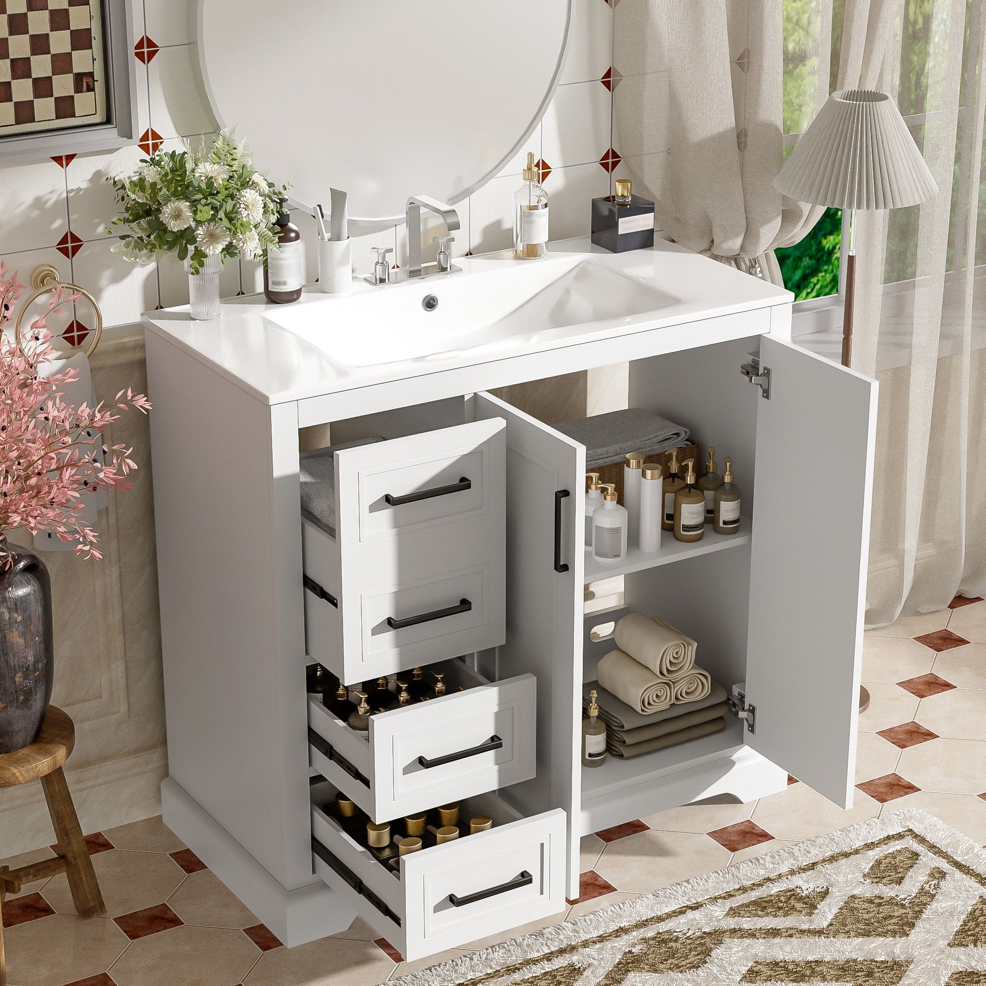 Bathroom Vanity With Sink, Soft Close Doors, Adjustable Shelf & 3 Drawers