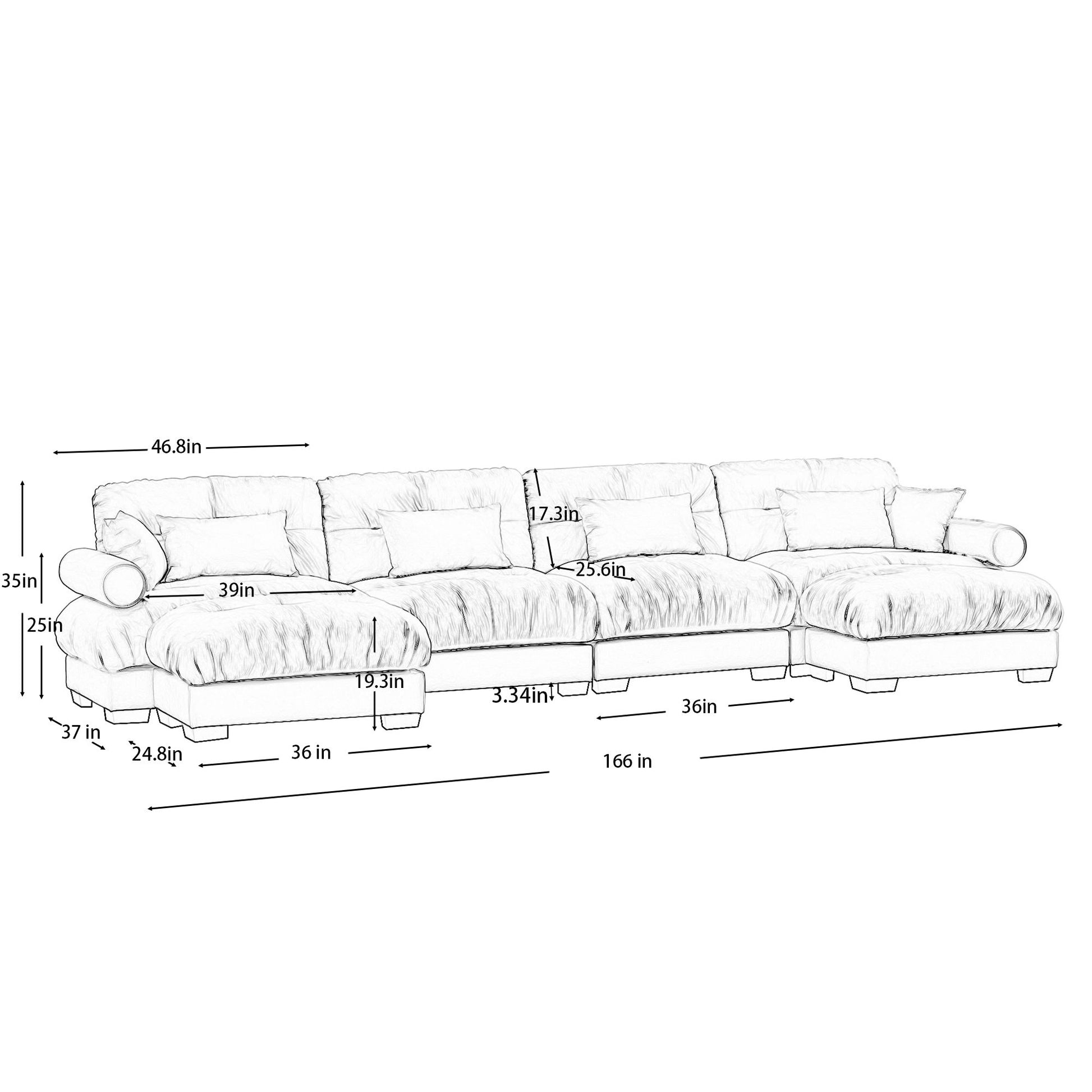 Modern Sectional Sofa With Ottoman, Round Bolster Armrests, Waist And Throw Pillows
