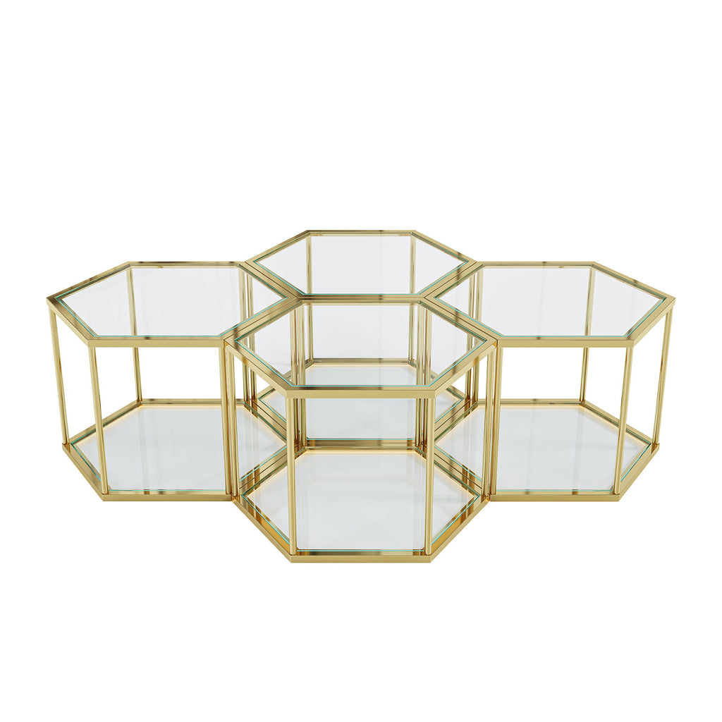Modern Coffee Table With Double Layer Tempered Glass And Polygonal Design