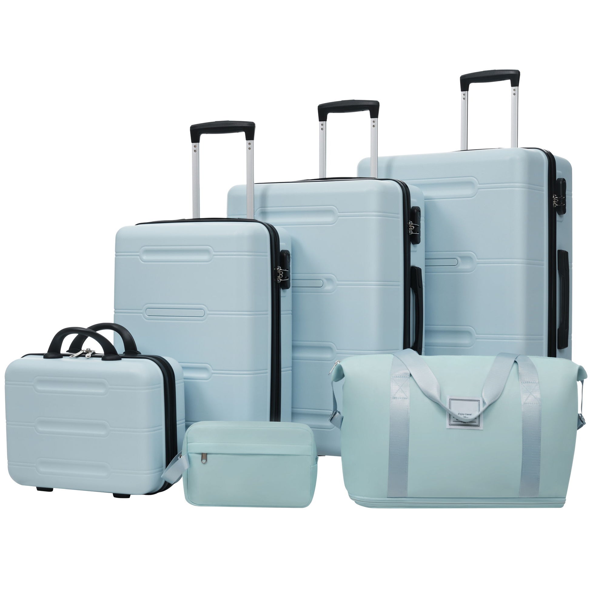 6 Piece Lightweight Hardshell Luggage Set With Double Spinner Wheels, Password Lock