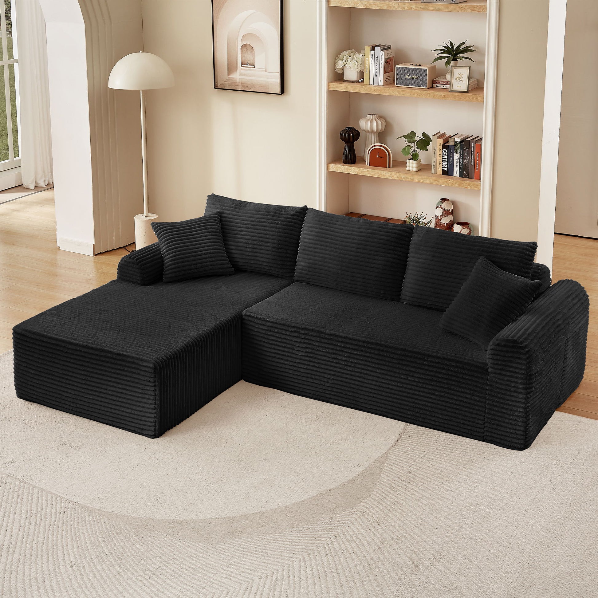 Modular Corduroy Sectional With Arched Armrests, Includes 3 Back Cushions & 2 Throw Pillows