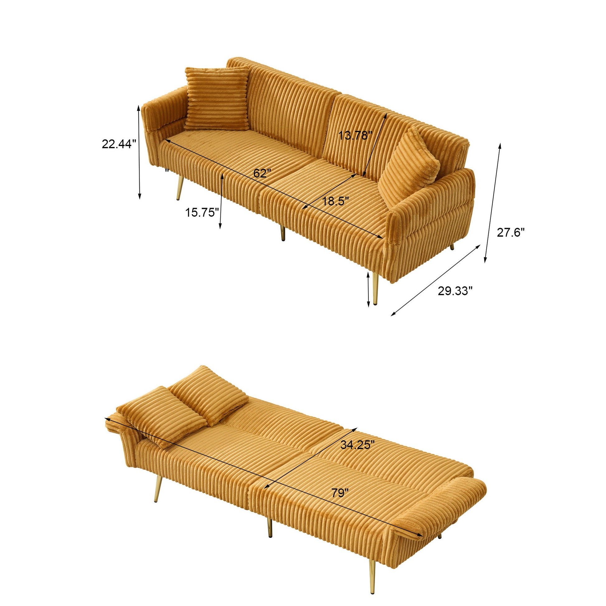 Luxury Corduroy Foldable Double Sofa Bed With Folding Armrests