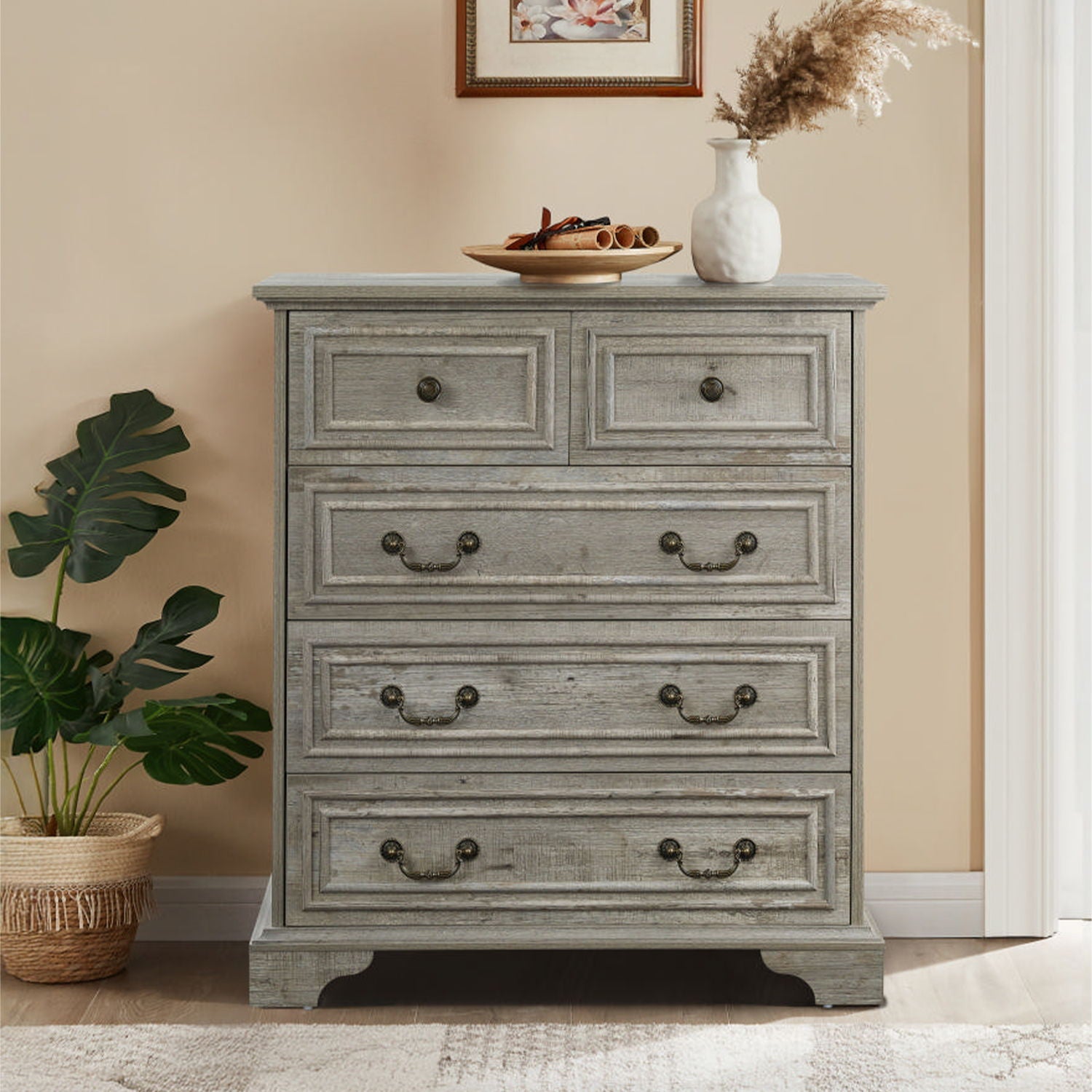 Modern 5 Drawer Dresser For Bedroom, Ample Storage Wide Chest Of Drawers