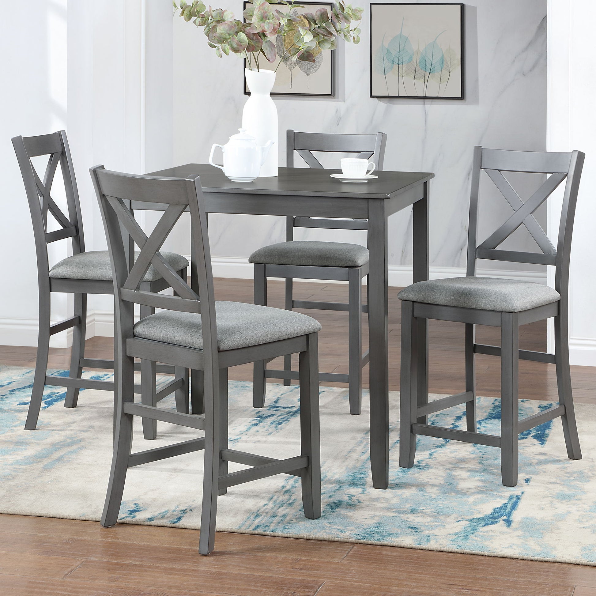 5 Piece Dining Table Set, Wooden Dining Square Table Set For 4