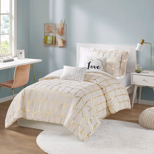 Raina - Twin Metallic Printed Comforter Set - Ivory / Gold