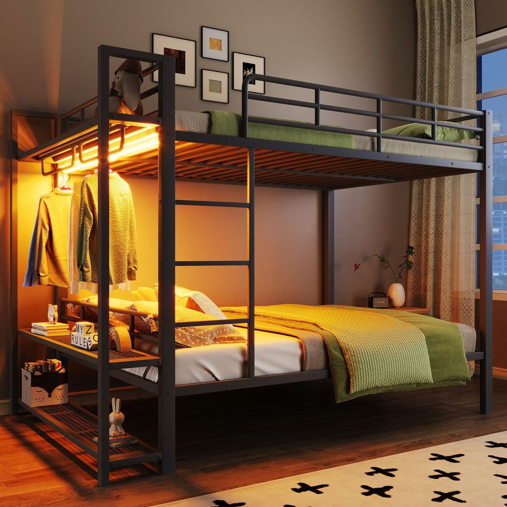 Bunk Bed With Storage Mesh Shelves, Clothes Hooks, LED Light