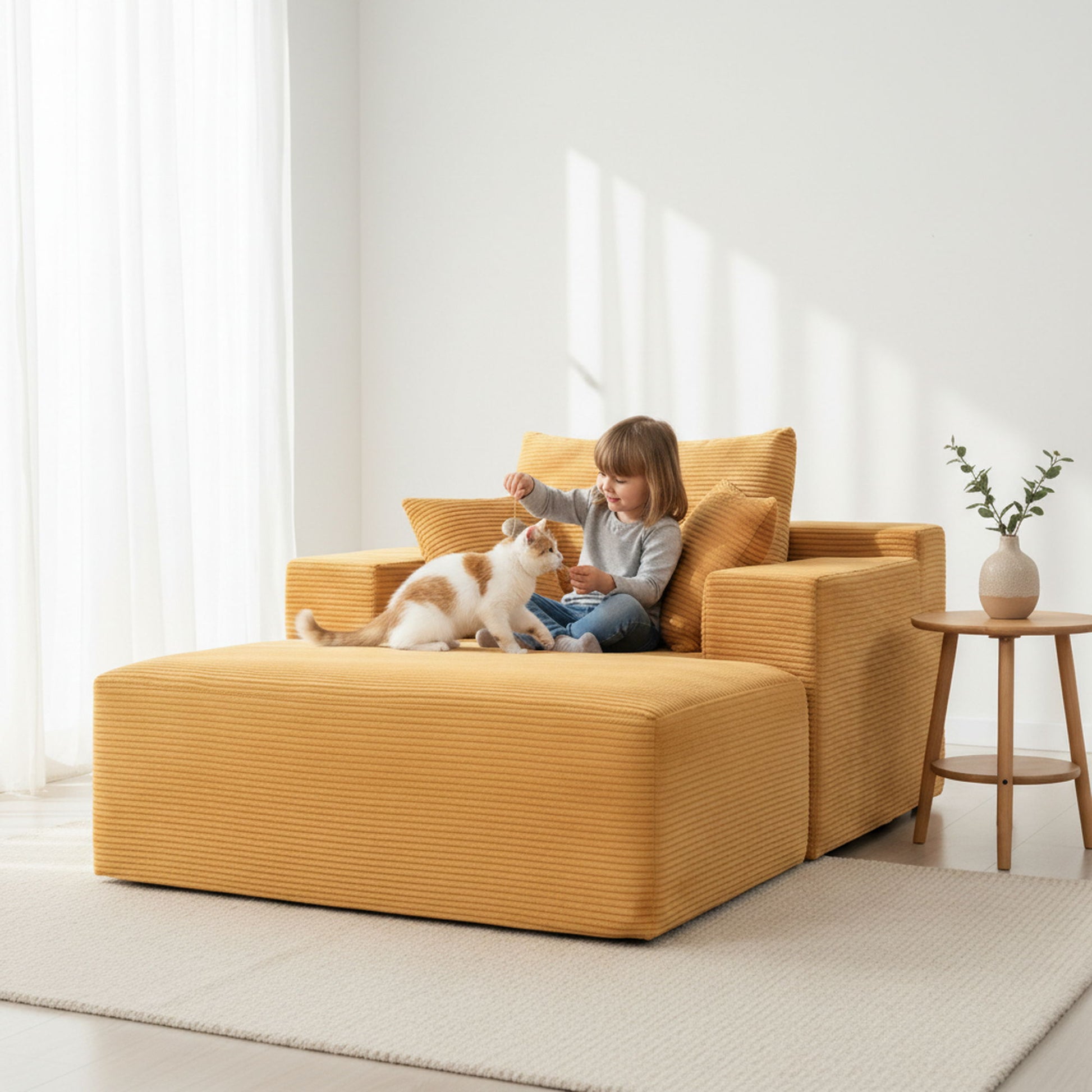 Convertible Chaise Lounge Chair With Wide Armrest & Throw Pillows