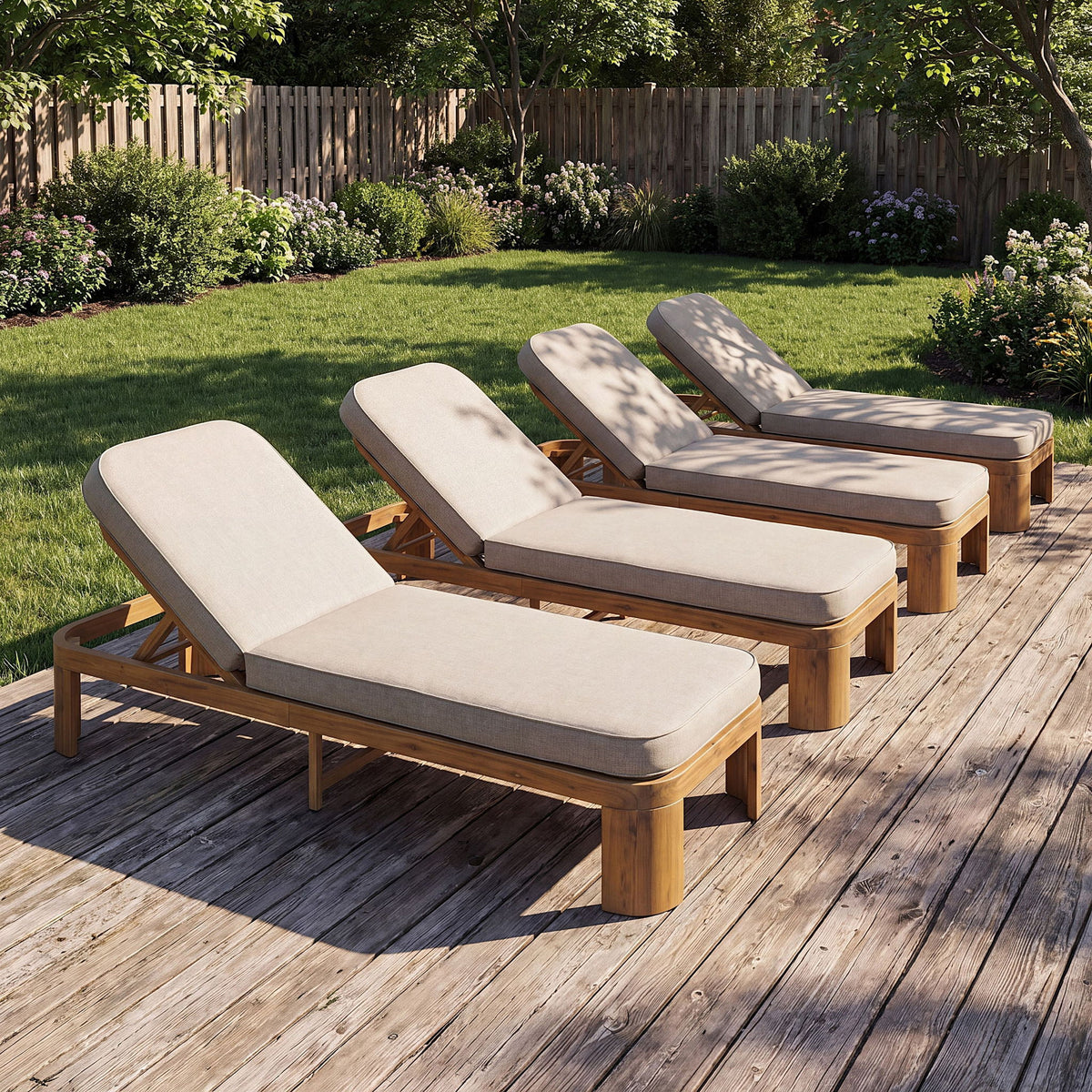 Outdoo Chaise Lounge With Cushion, 5 Position Adjustable Backrest (Set of 4) - Beige / Teak