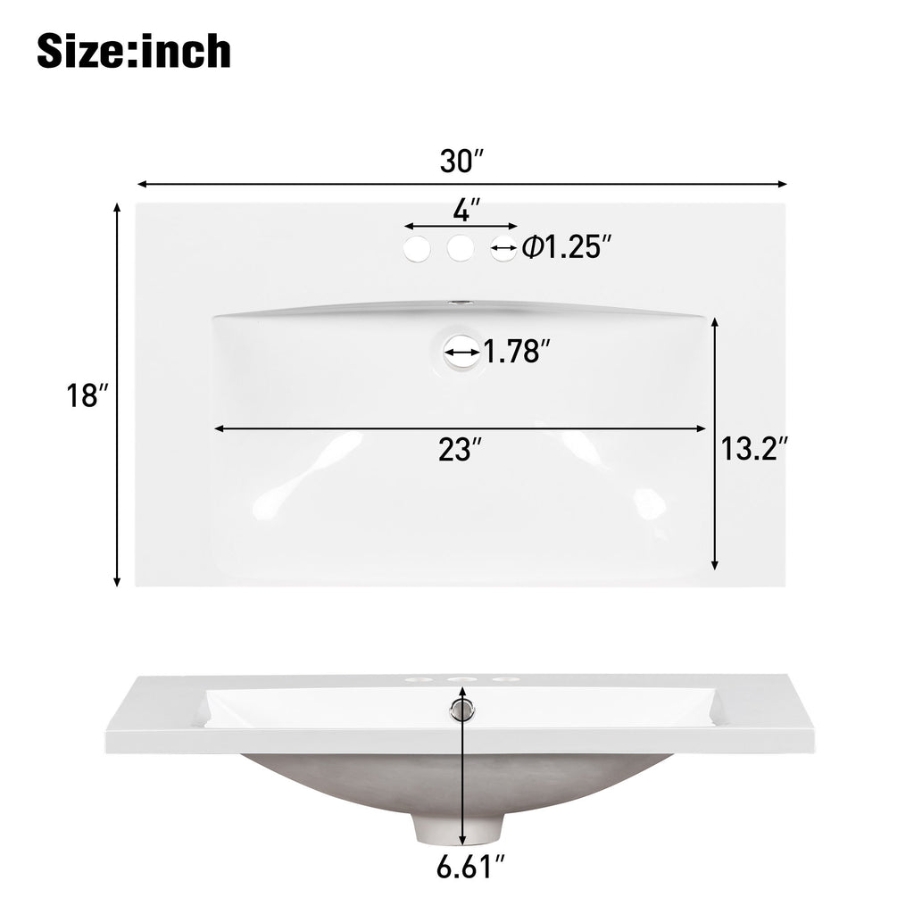 Single Bathroom Basin Sink, Vanity Top Only With 3 Faucet Holes