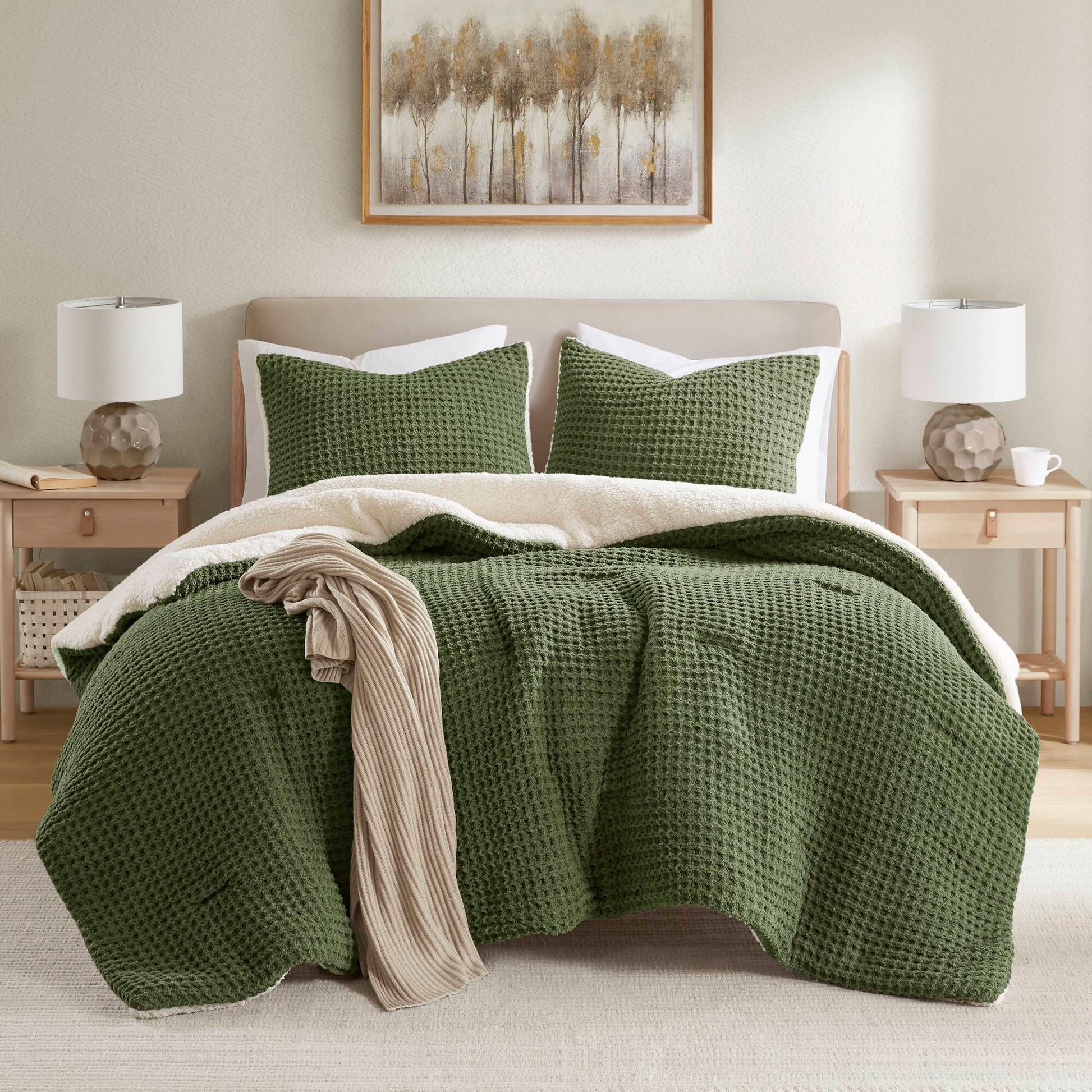 Riordan - Full/Queen Waffle Knit Comforter Set - Olive