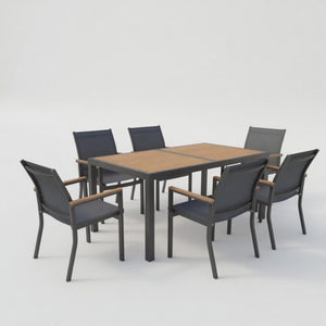 7 Piece Gray Aluminum Patio Dining Set With Textilene Chairs For Outdoor Living Frame With Accents, 59" Rectangle Table, All Weather Durable