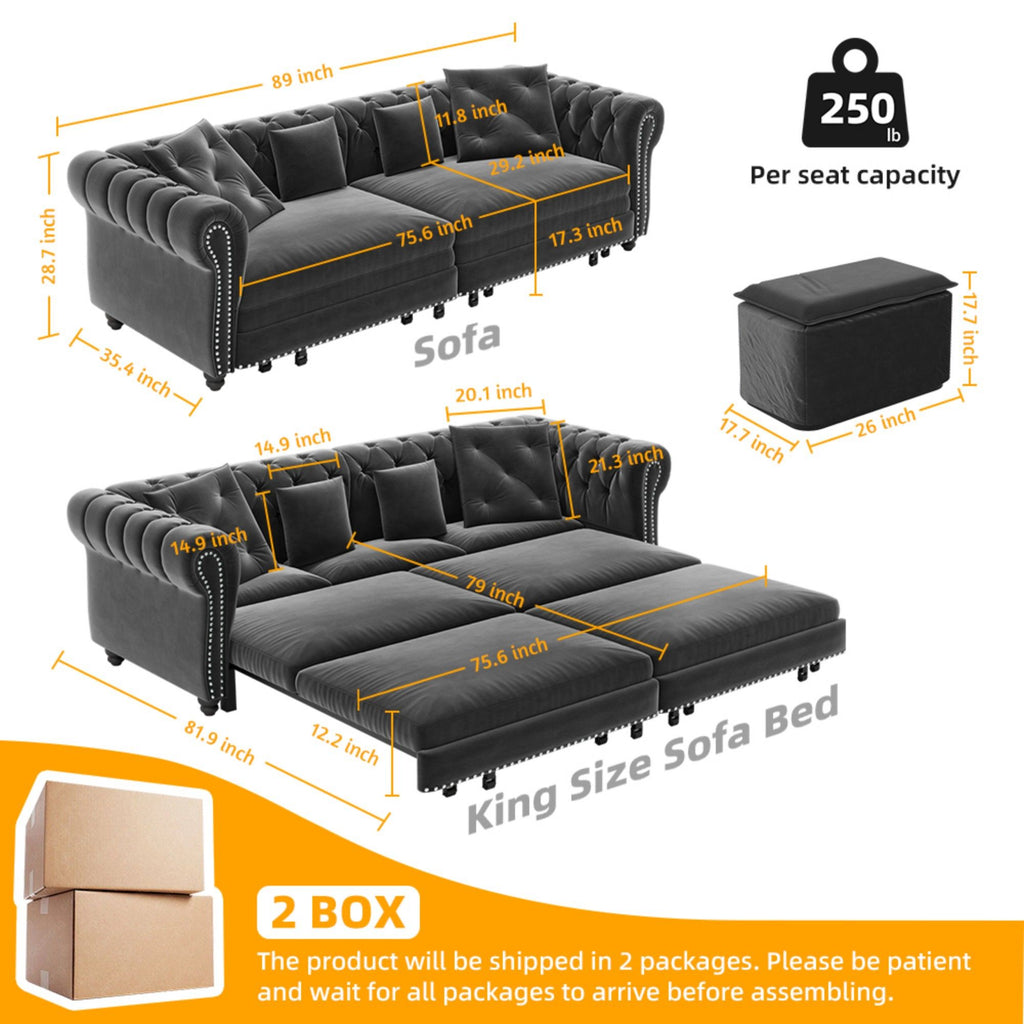 3 In 1 Pull Out Convertible Sleeper Sofa Bed, King Size, Chaise Lounge