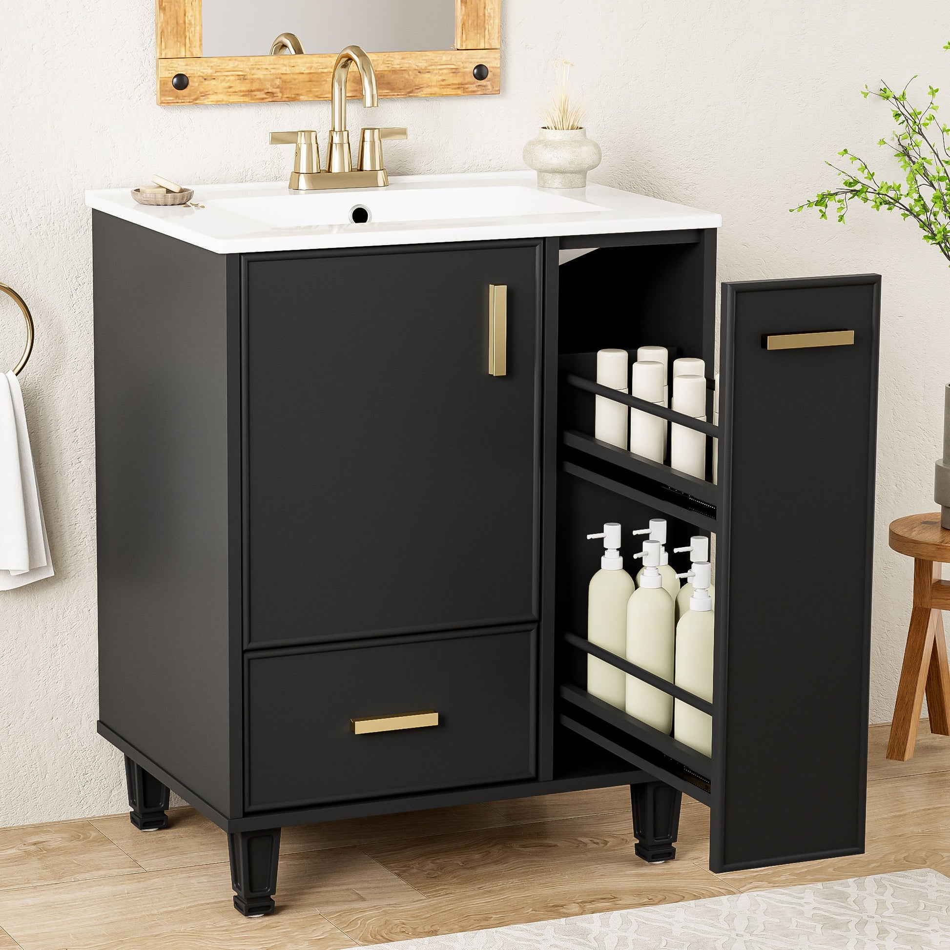 Bathroom Vanity With Sink, Deep Drawer And Pull Out Basket, Rectangular Design - Black