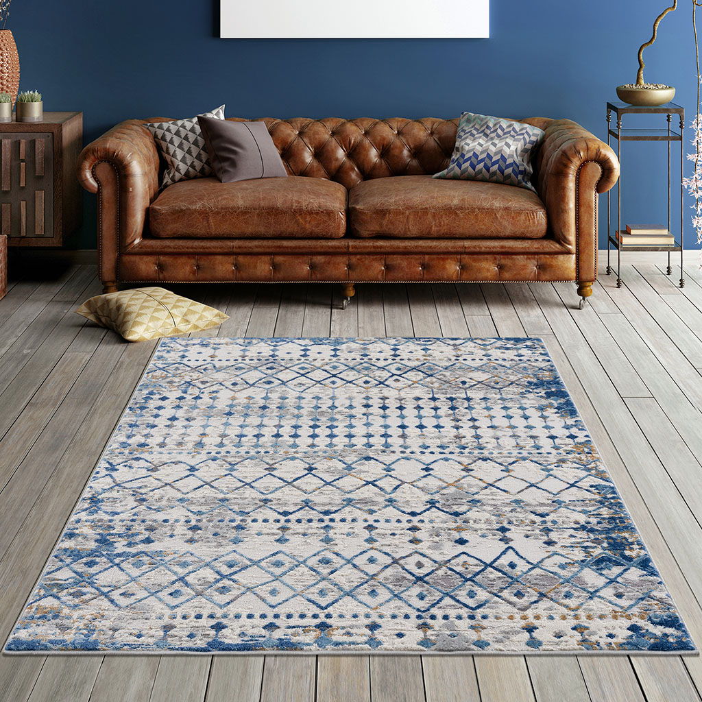 Hannah - 5' X 7' Moroccan Global Woven Area Rug - Blue / Cream