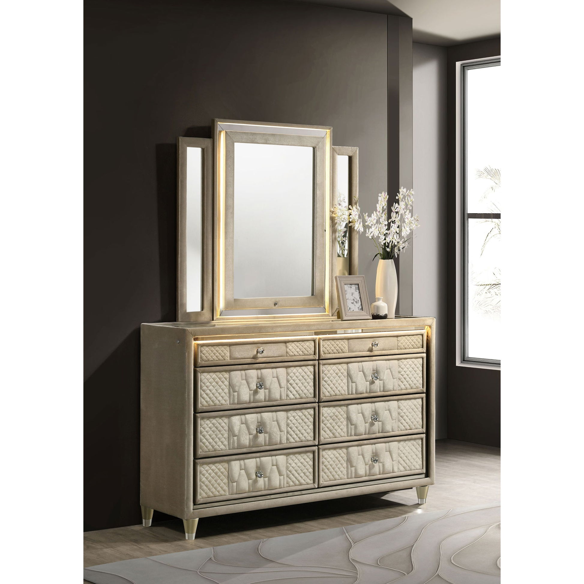 Mika - 8 Drawer LED Dresser With Mirror - Ivory