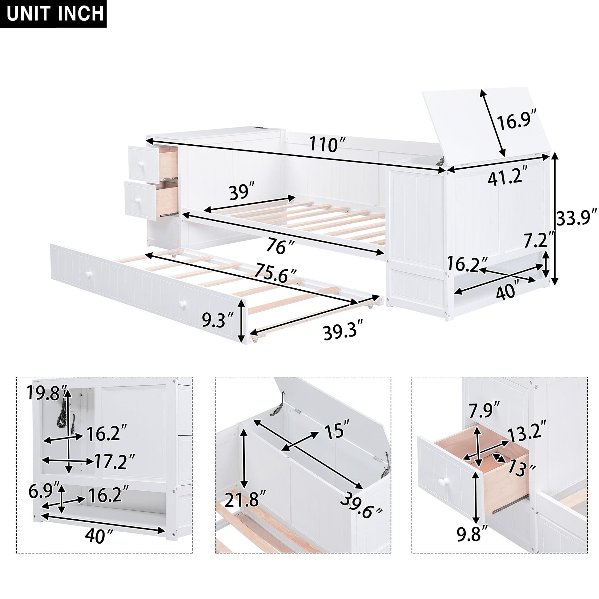 Daybed With Storage Arms, Trundle And Charging Station