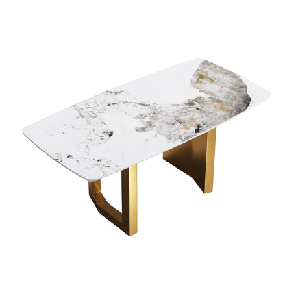 70.87" Artificial Stone Pandora White Curved Golden Metal Leg Dining Table, Can Accommodate 6-8 People - Antique White / Gold