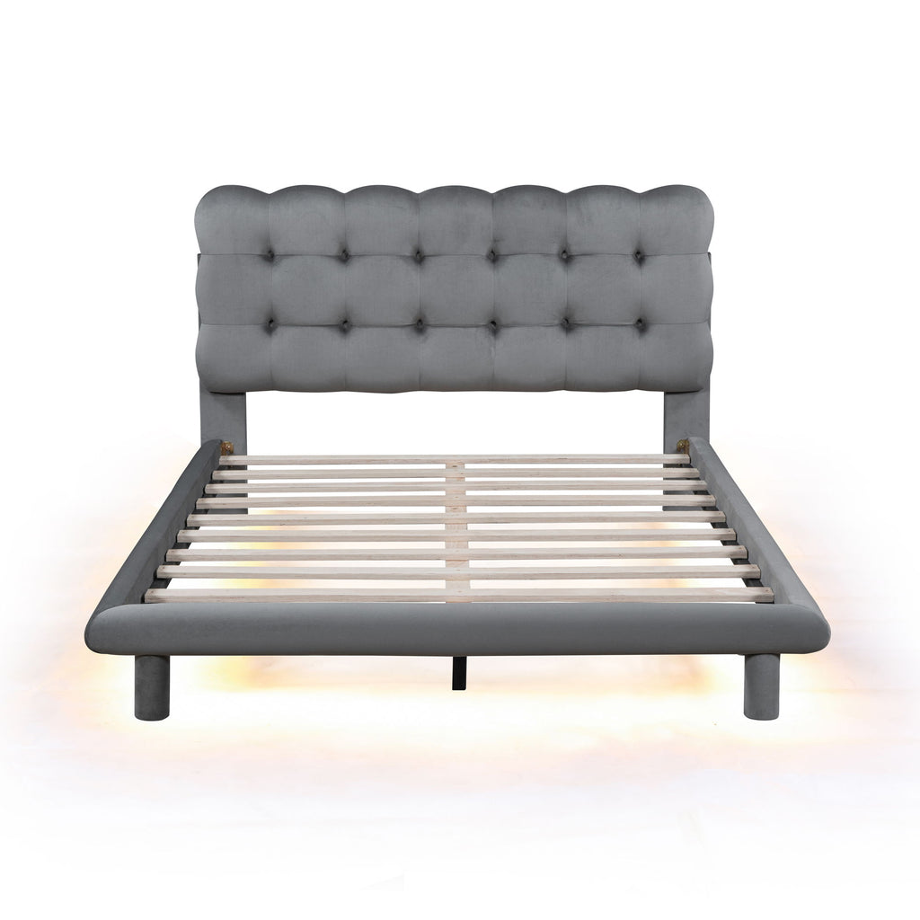Platform Bed With LED Frame, Thick & Soft And Button Tufted Design Headboard