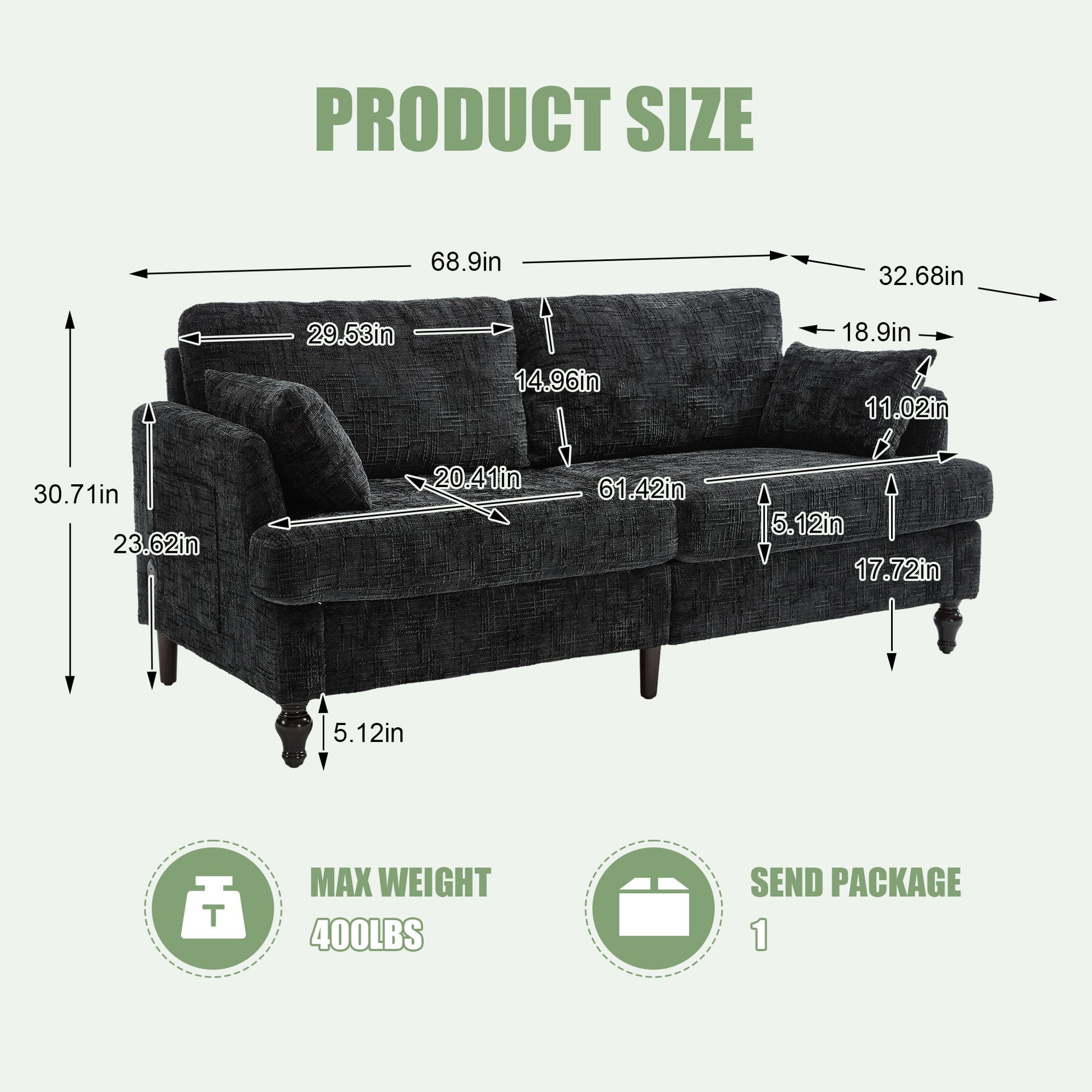 Chenille 2 Seater Sofa With LED Light, USB Charging Port, And Storage Bag