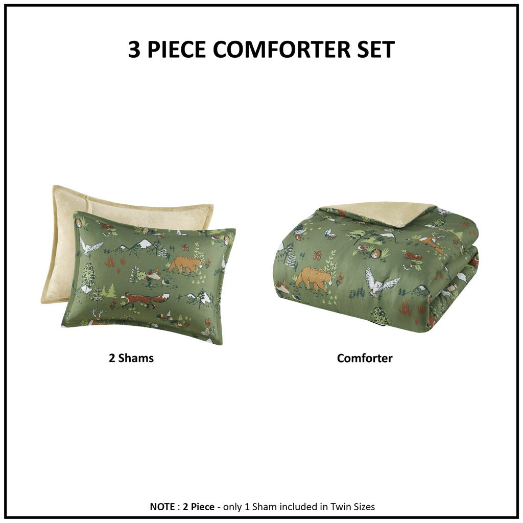 Heath - Forest Animals Plush Reversible Twin Comforter Set - Green