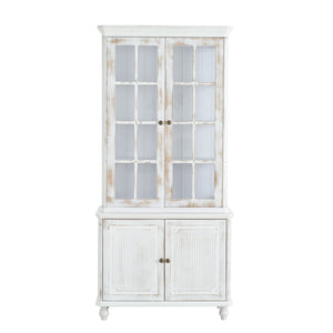 Vintage Display Cabinet With Double Glass Doors, Traditional Style Hutch For Home Or Workspace Washed - White Washed