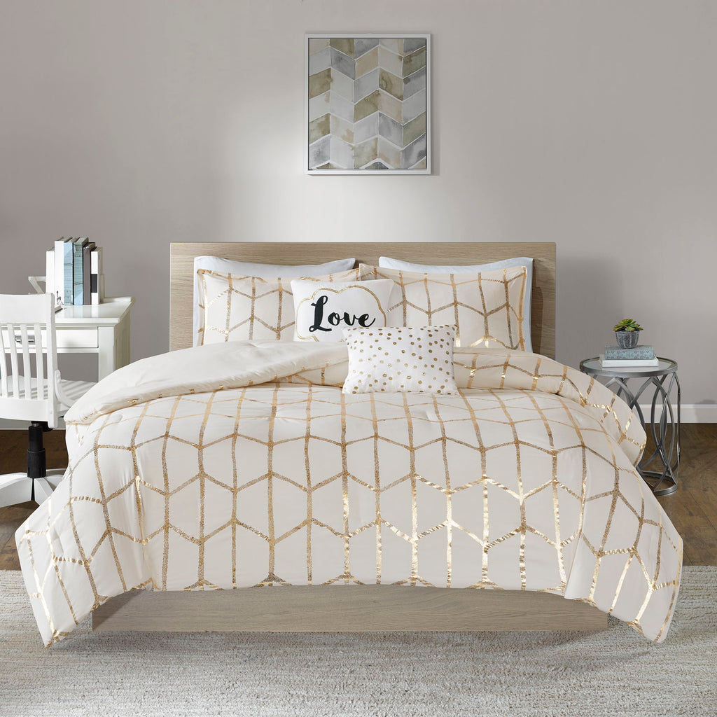 Raina - King Brushed Microfiber Printed Comforter Set - Ivory / Gold