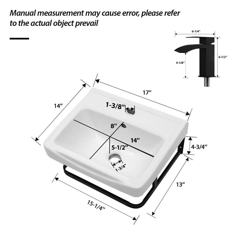 Wall Mounted Bathroom Sink With Towel Bar & Overflow - White / Black