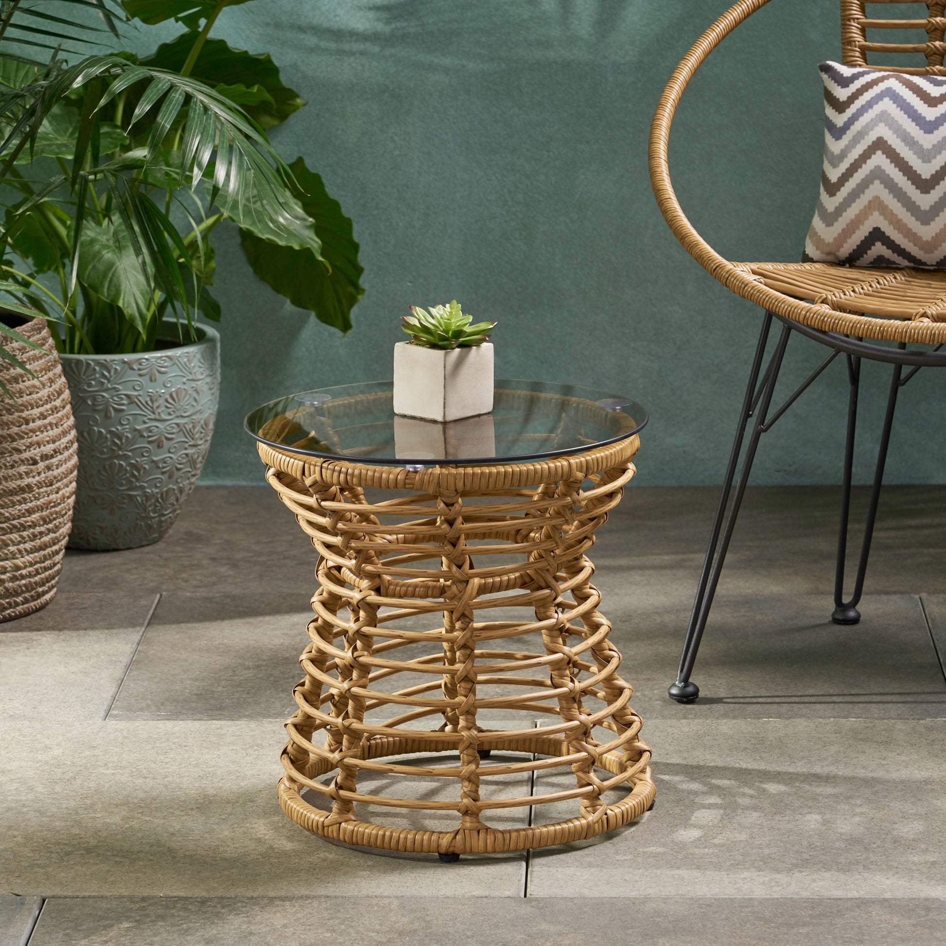 San Pedro - Boho Style Side Table With Tempered Glass Top - Light Brown Rattan