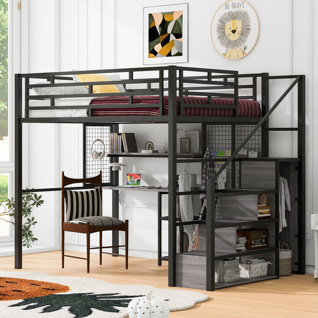 Metal Loft Bed With Wardrobe, Desk, Storage Shelves