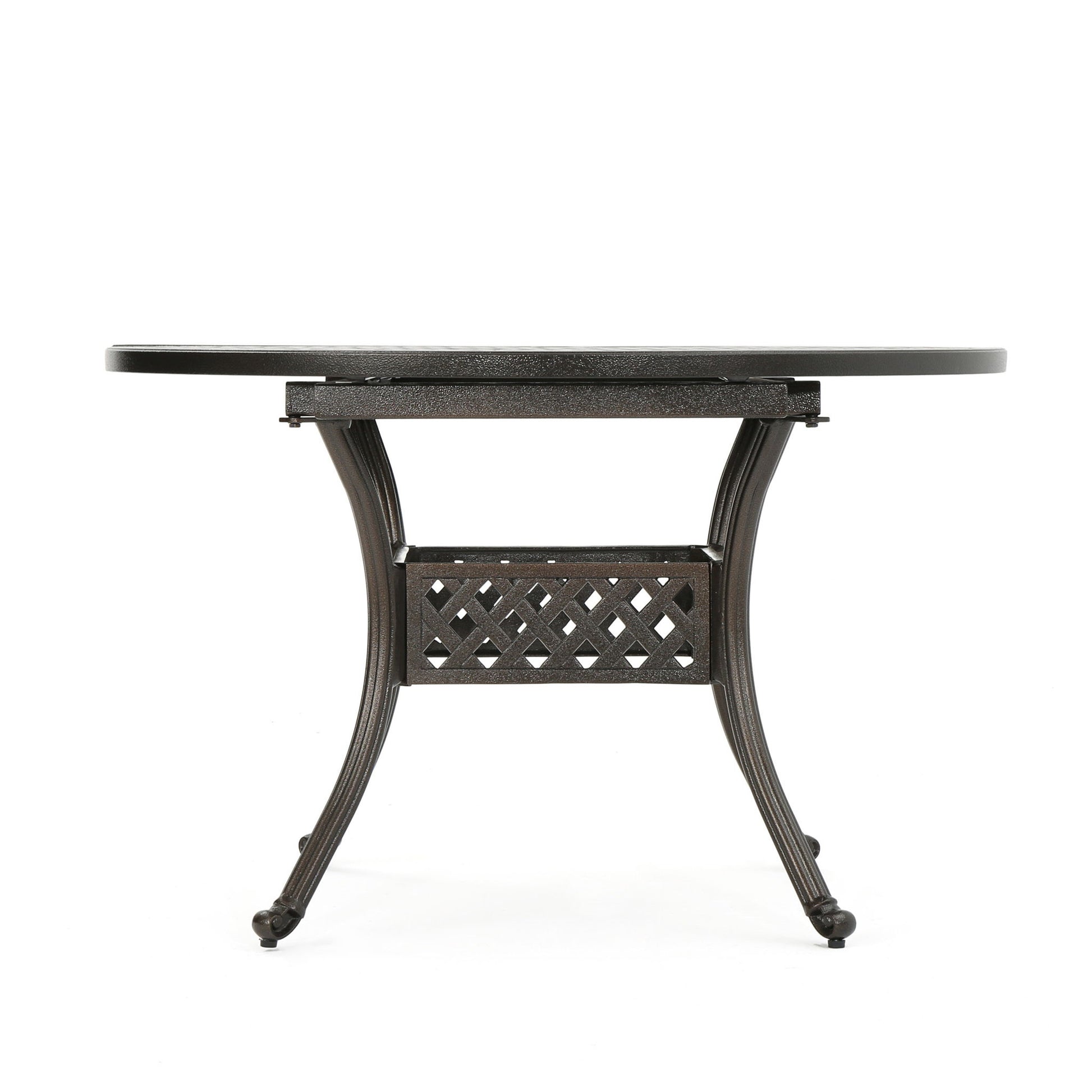 Outdoor Expandable Aluminum Dining Table With Latticework Details And Curvy Legs